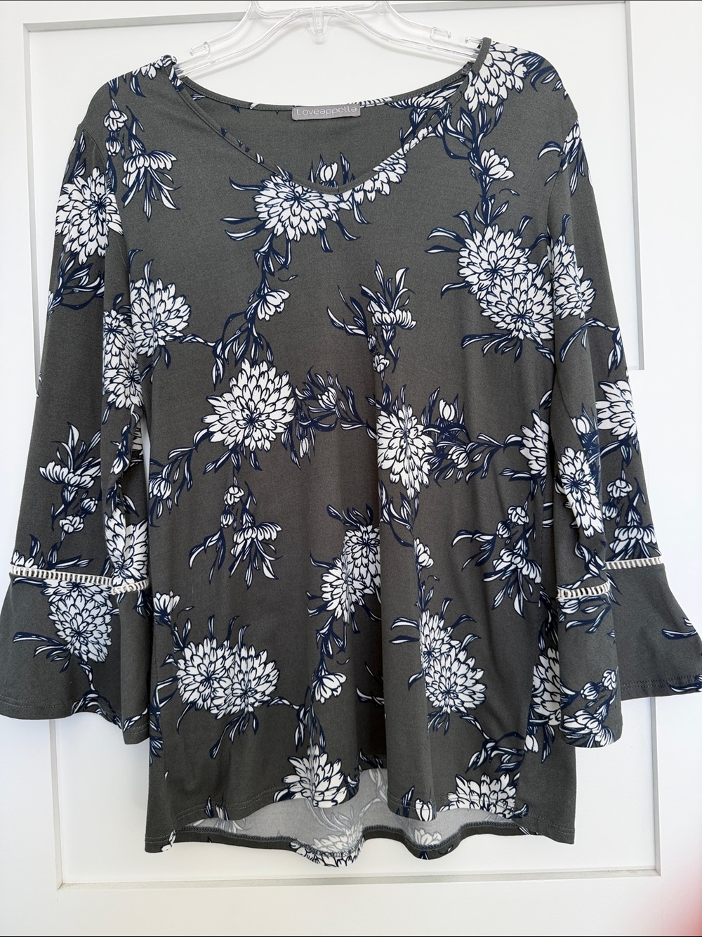 Loveappella Olive Green Floral Bell-Sleeve Top